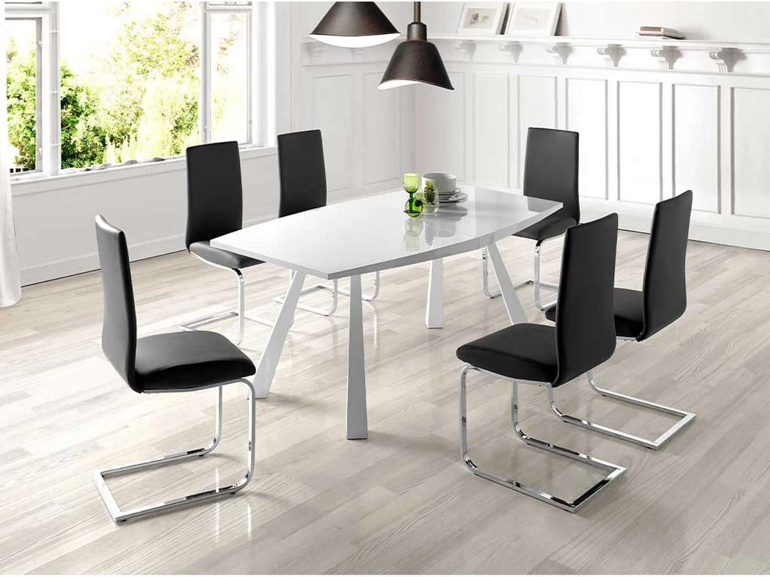 Designer uitschuifbare wit gelakte eettafel en wit stalen poten Siroka 180 tot 230 cm