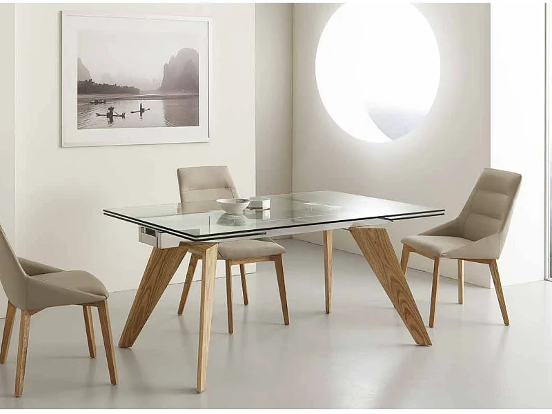 Table de repas extensible 160-240cm plateau en verre et piétement bois massif de frêne naturel Karone