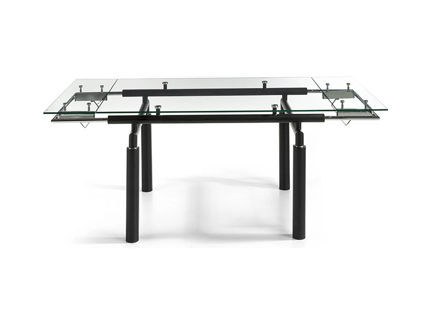 Table à manger design extensible verre transparent et pieds métal noir Stramo 140 à 200cm