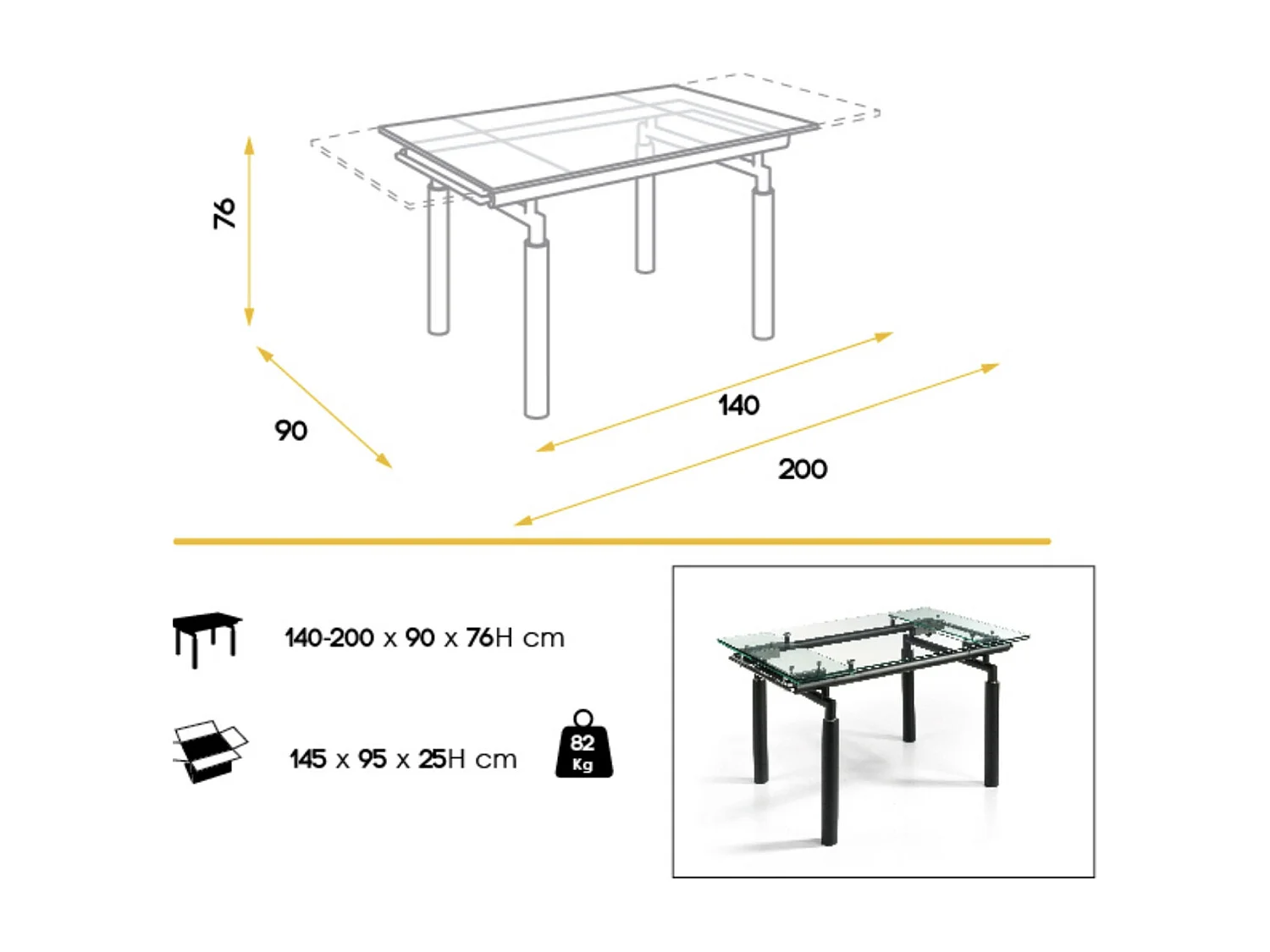 Table à manger design extensible verre transparent et pieds métal noir Stramo 140 à 200cm