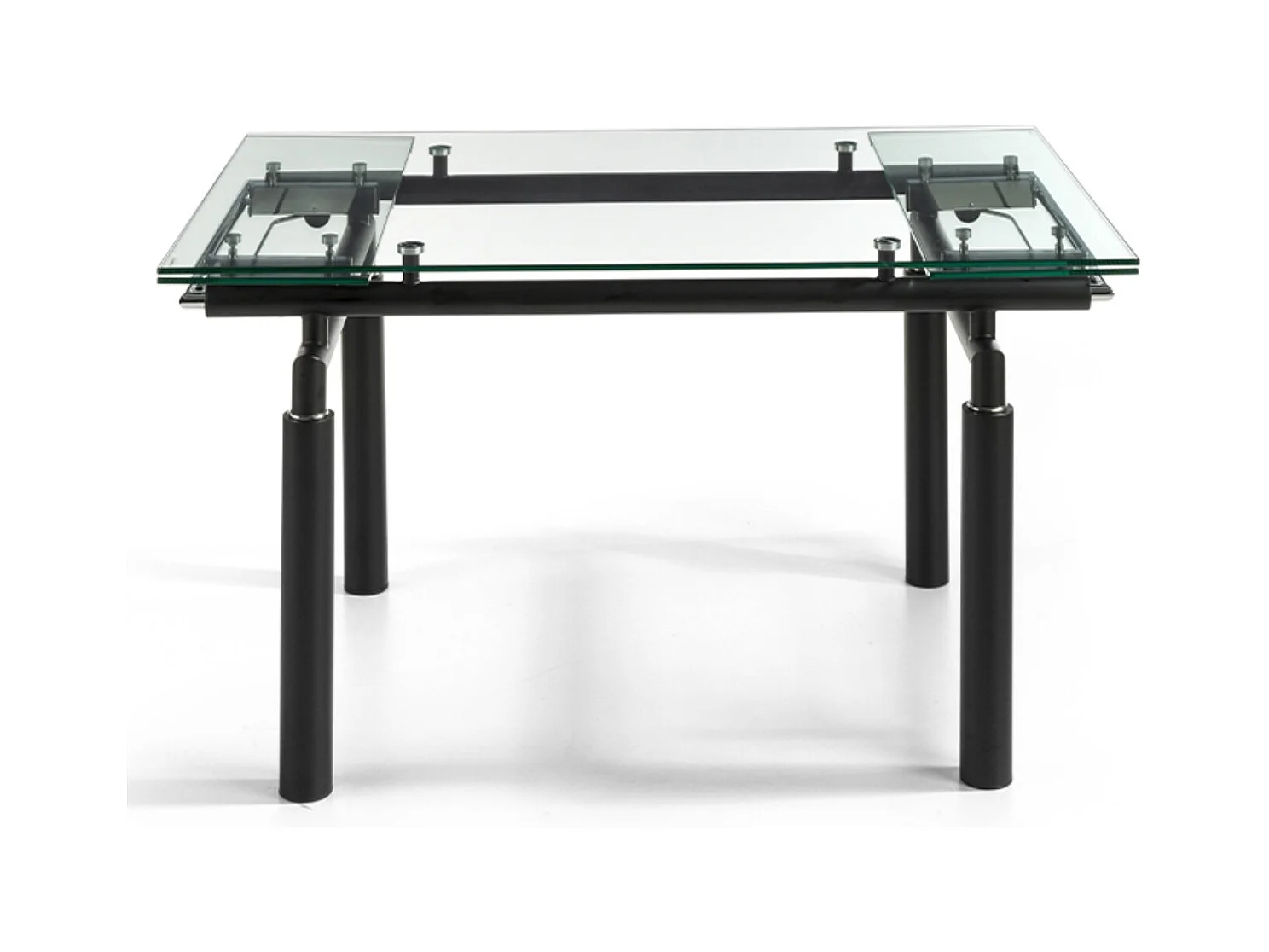 Table à manger design extensible verre transparent et pieds métal noir Stramo 140 à 200cm