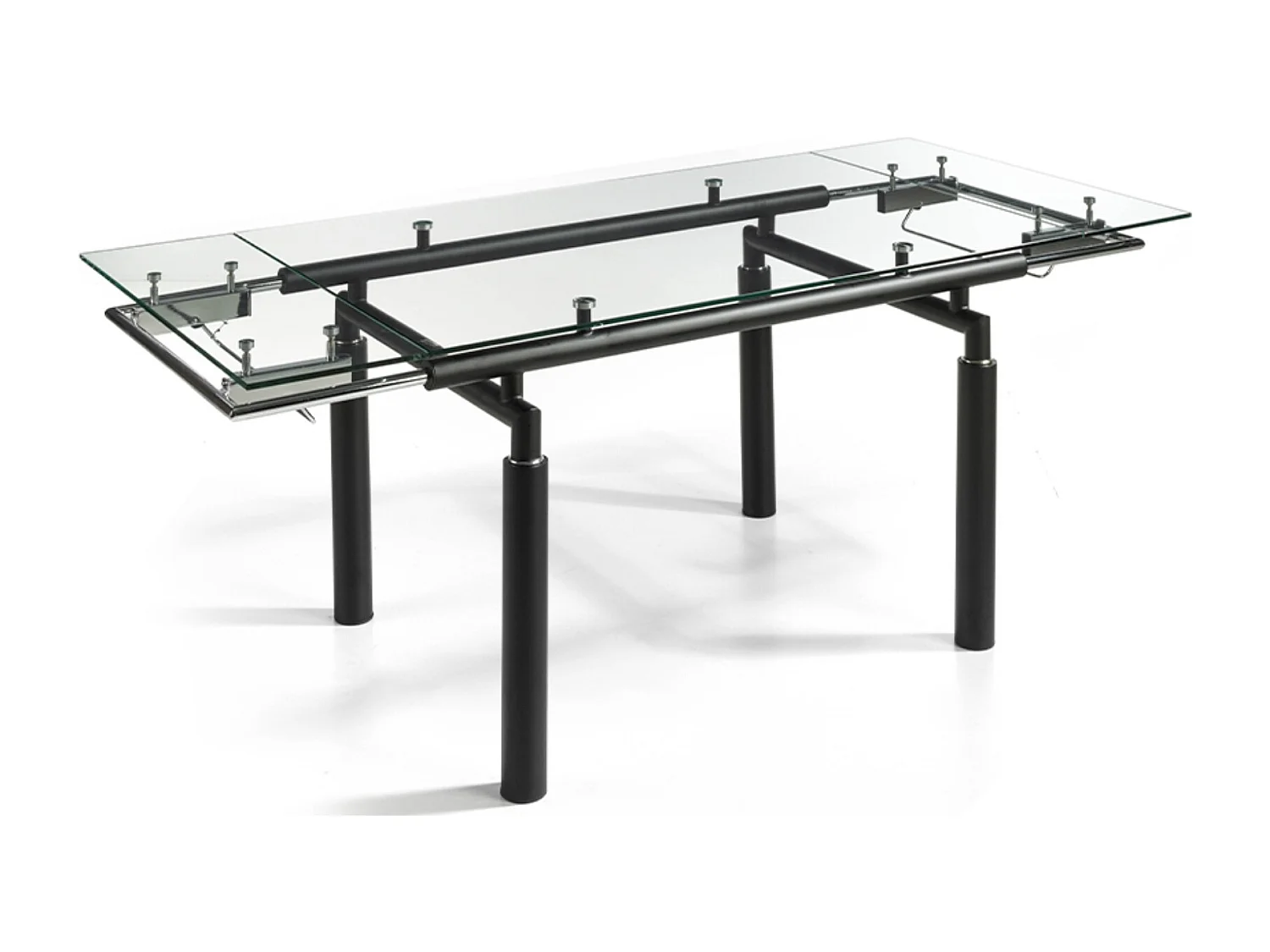 Table à manger design extensible verre transparent et pieds métal noir Stramo 140 à 200cm