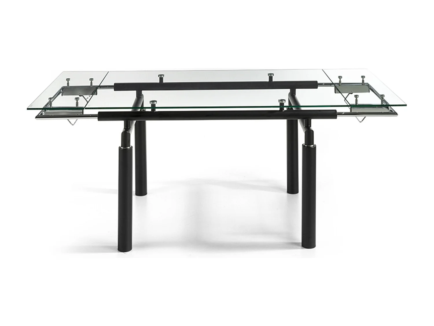 Table à manger design extensible verre transparent et pieds métal noir Stramo 140 à 200cm