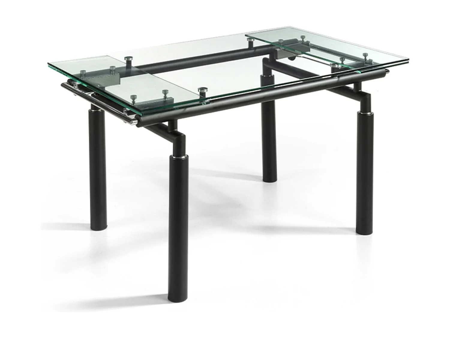 Table à manger design extensible verre transparent et pieds métal noir Stramo 140 à 200cm