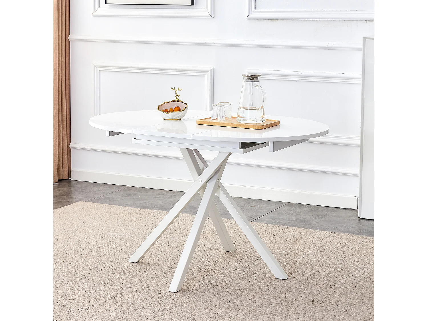 Table à manger ronde extensible bois blanc et pieds métal blanc Vaker 90 à 120cm