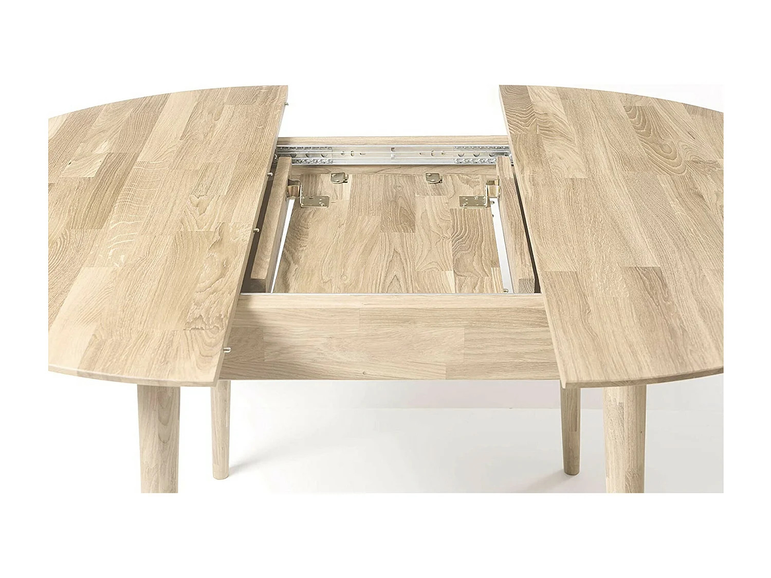 Table à manger ronde extensible 100 à 130cm en chêne massif blanchi Kundy