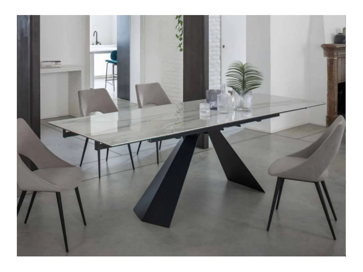 Table extensible 180-280cm céramique blanc marbre et pieds métal noir Kylane