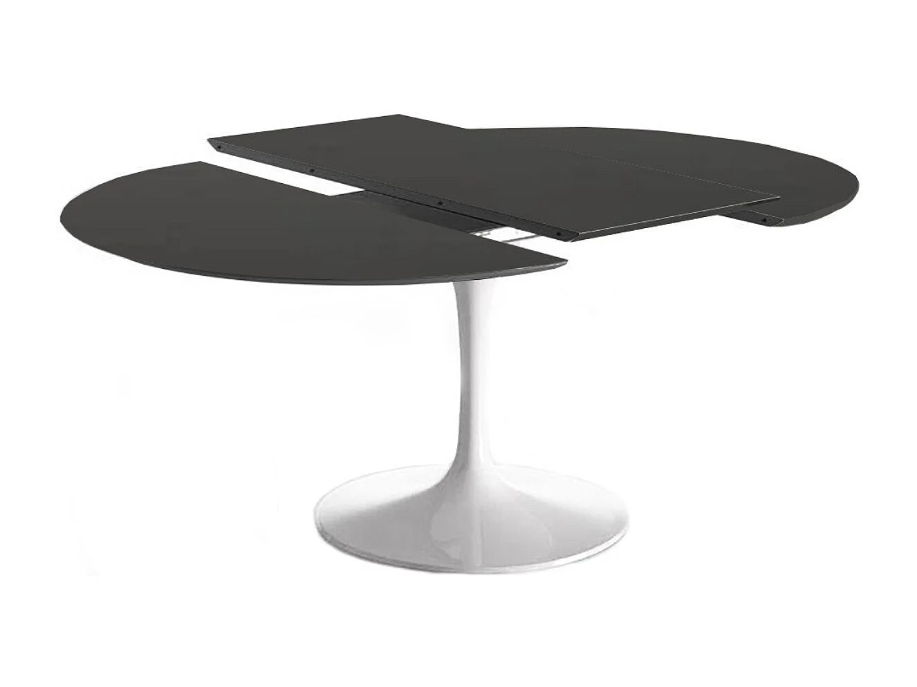 Table tulipe ovale extensible-Plateau Noir mat-Largeur 160/220 cm-Piètement Blanc brillant
