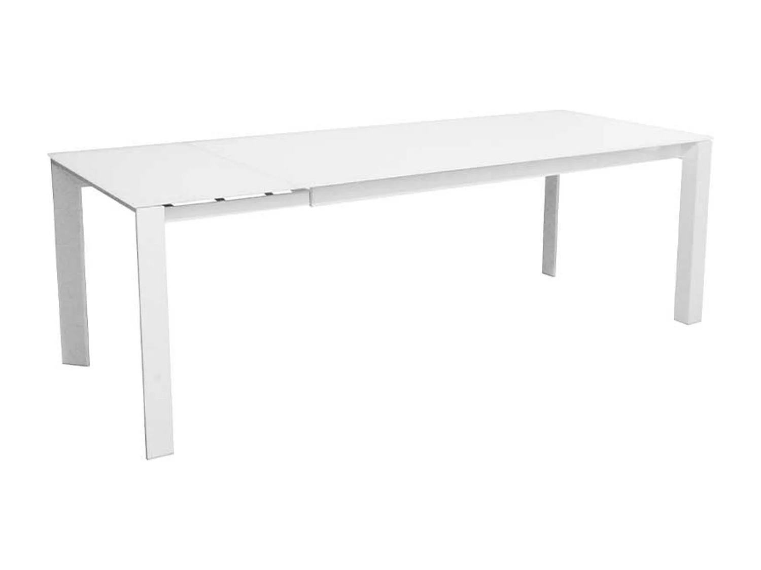 Table à manger design extensible verre teinté blanc et pieds métal blanc Mikale 140 à 190cm