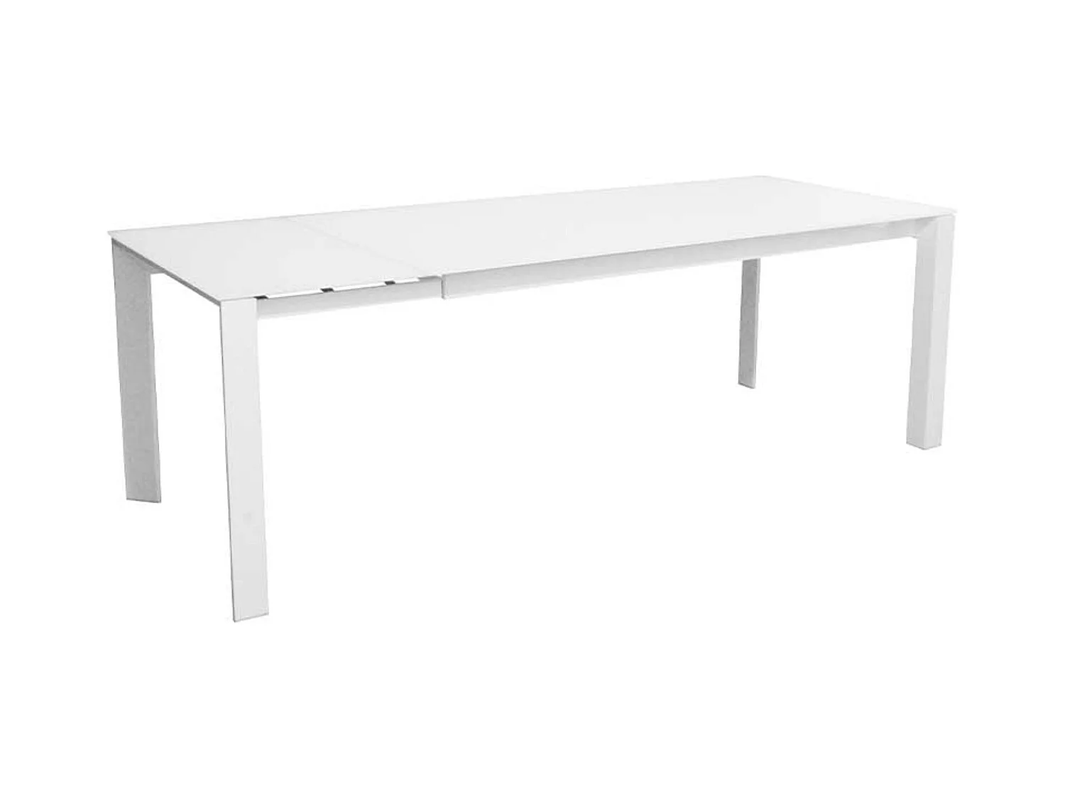 Table à manger design extensible verre teinté blanc et pieds métal blanc Mikale 140 à 190cm