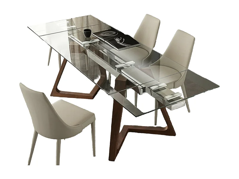 Table de repas extensible plateau en verre et piétement bois massif noyer Kudane-Longueur 180/260 cm