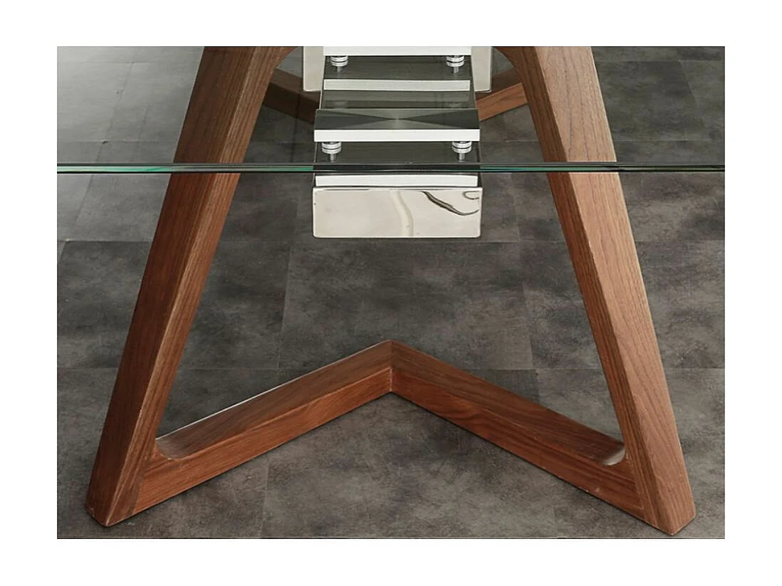 Table de repas extensible plateau en verre et piétement bois massif noyer Kudane-Longueur 180/260 cm
