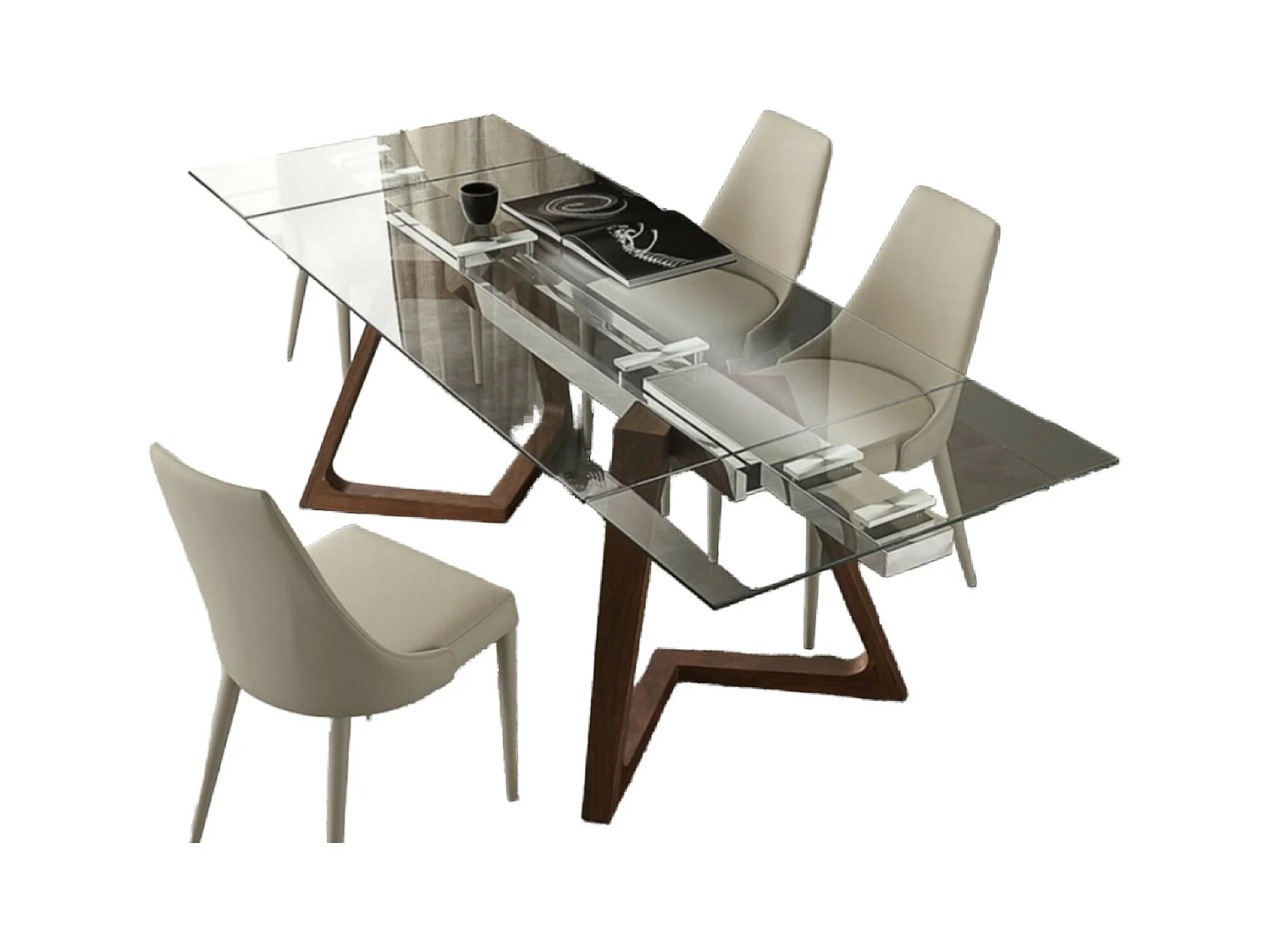 Table de repas extensible plateau en verre et piétement bois massif noyer Kudane-Longueur 180/260 cm