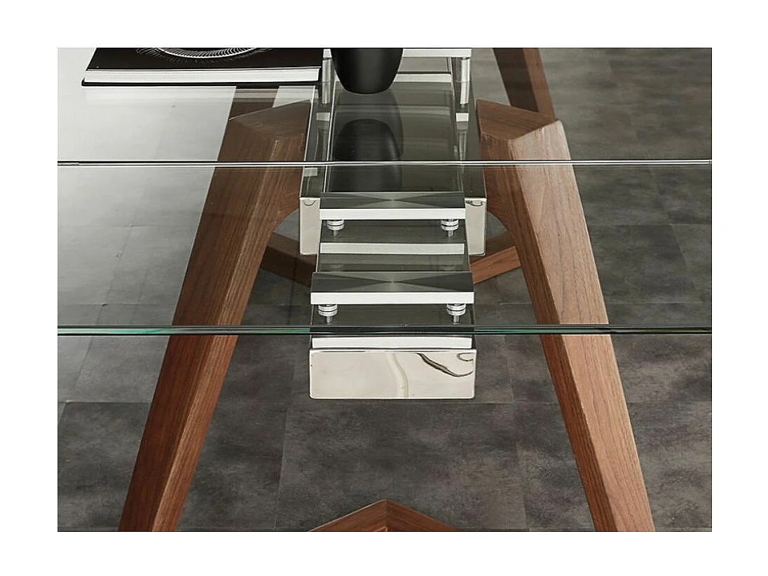 Table de repas extensible plateau en verre et piétement bois massif noyer Kudane-Longueur 180/260 cm