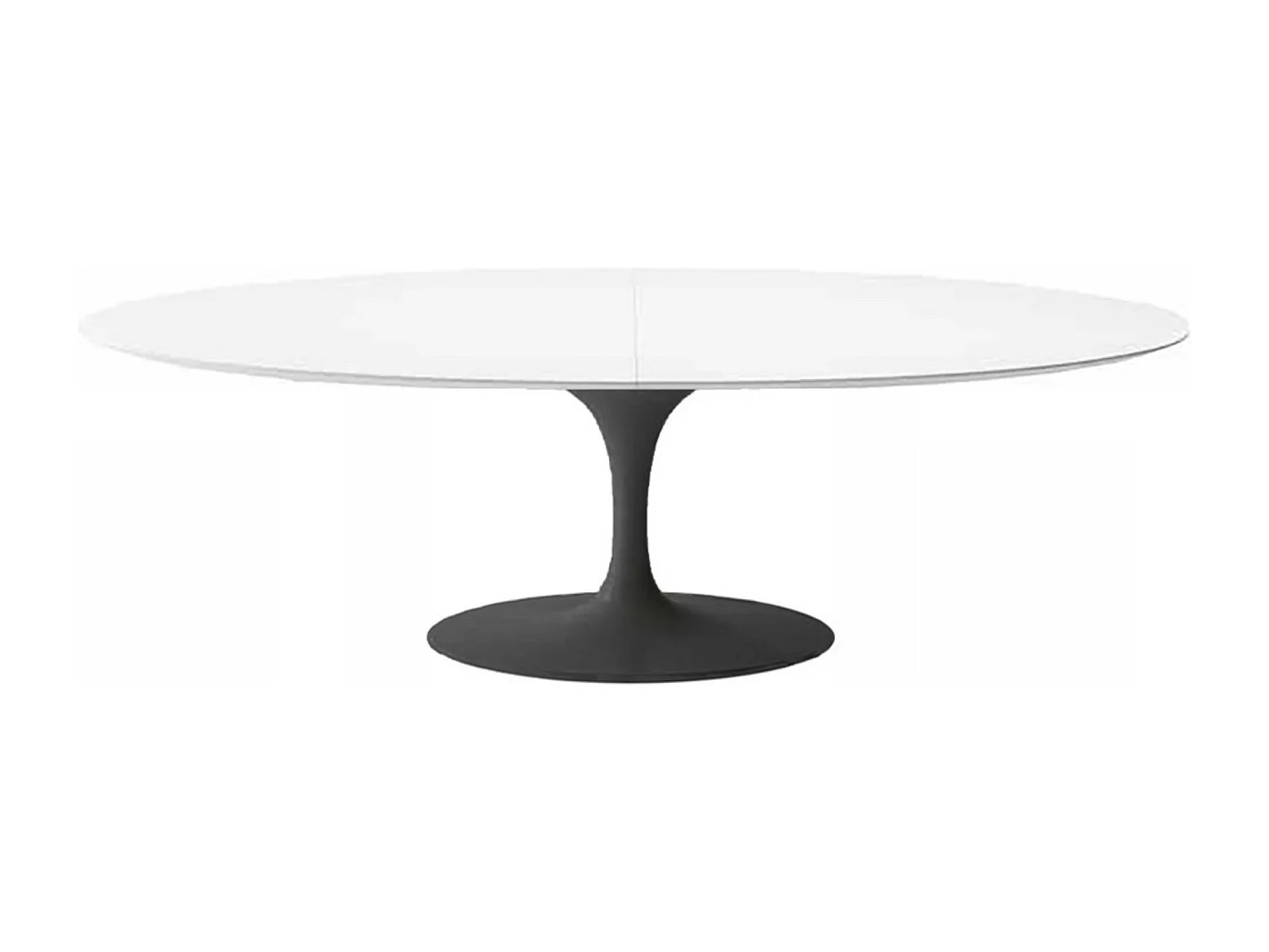 Table tulipe ovale extensible-Plateau Blanc mat-Largeur 160/220 cm-Piètement Noir brillant