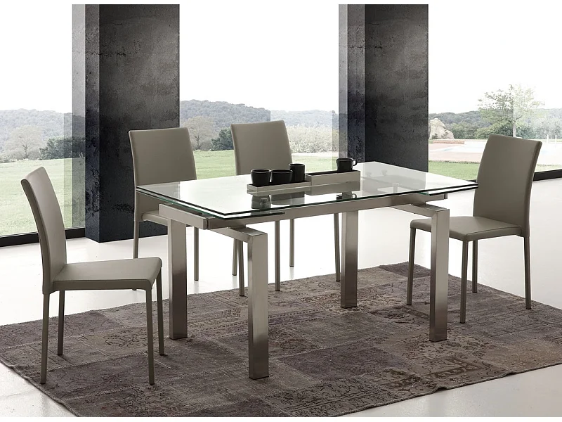 Table extensible 140-200cm en verre trempé et acier brossé Downton