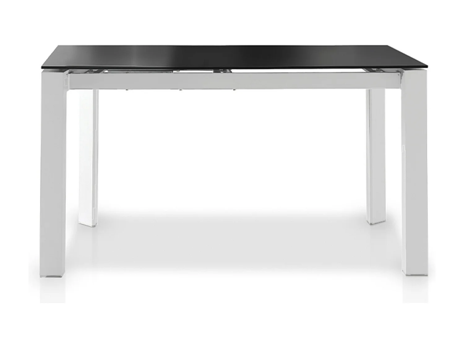 Table à manger design extensible verre teinté noir et pieds métal blanc Mikale 140 à 190cm