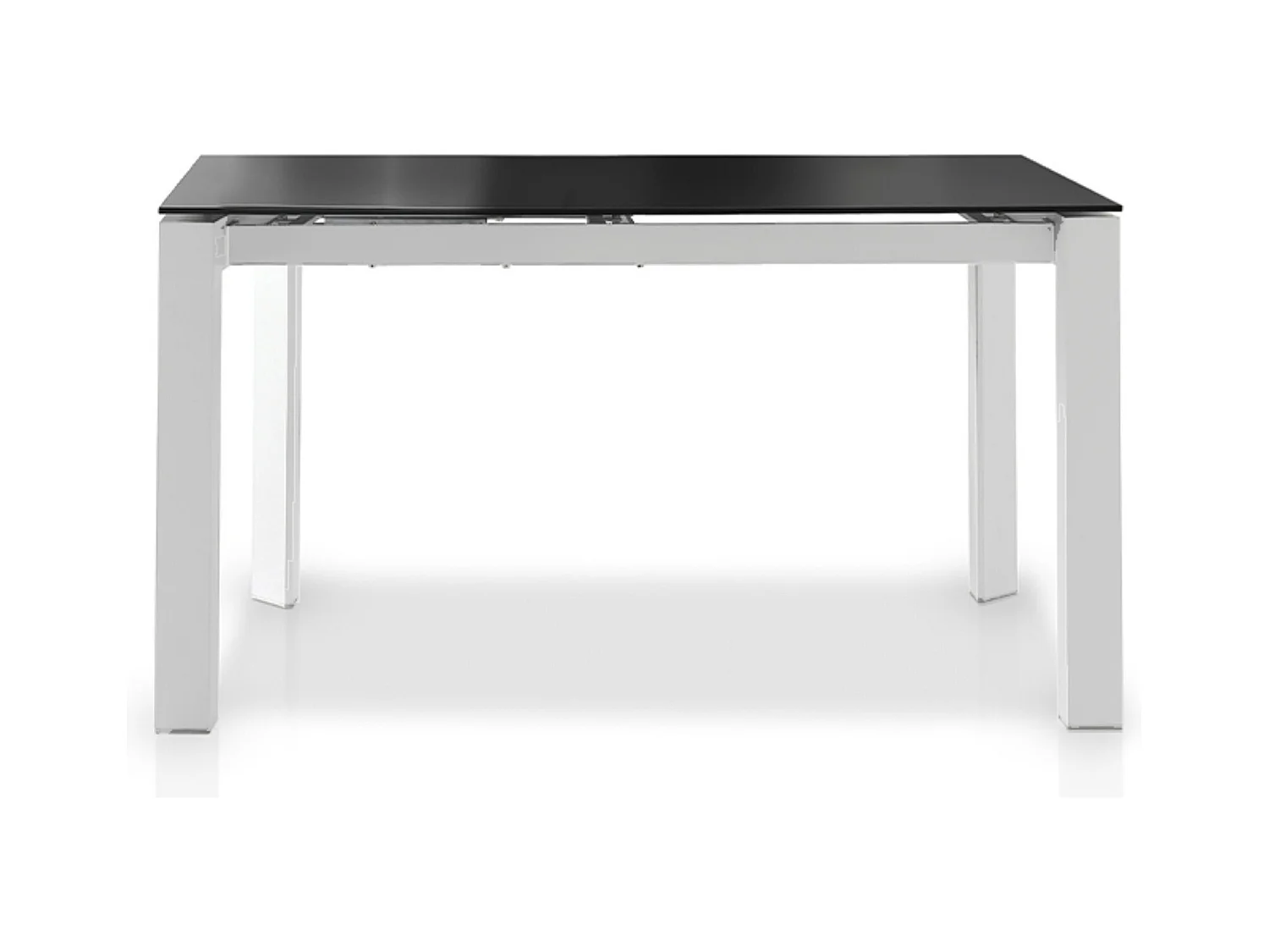 Table à manger design extensible verre teinté noir et pieds métal blanc Mikale 140 à 190cm