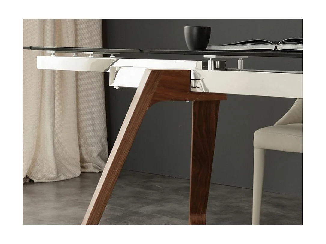 Table de repas extensible plateau en verre et piétement bois massif noyer Kudane-Longueur 160/240 cm