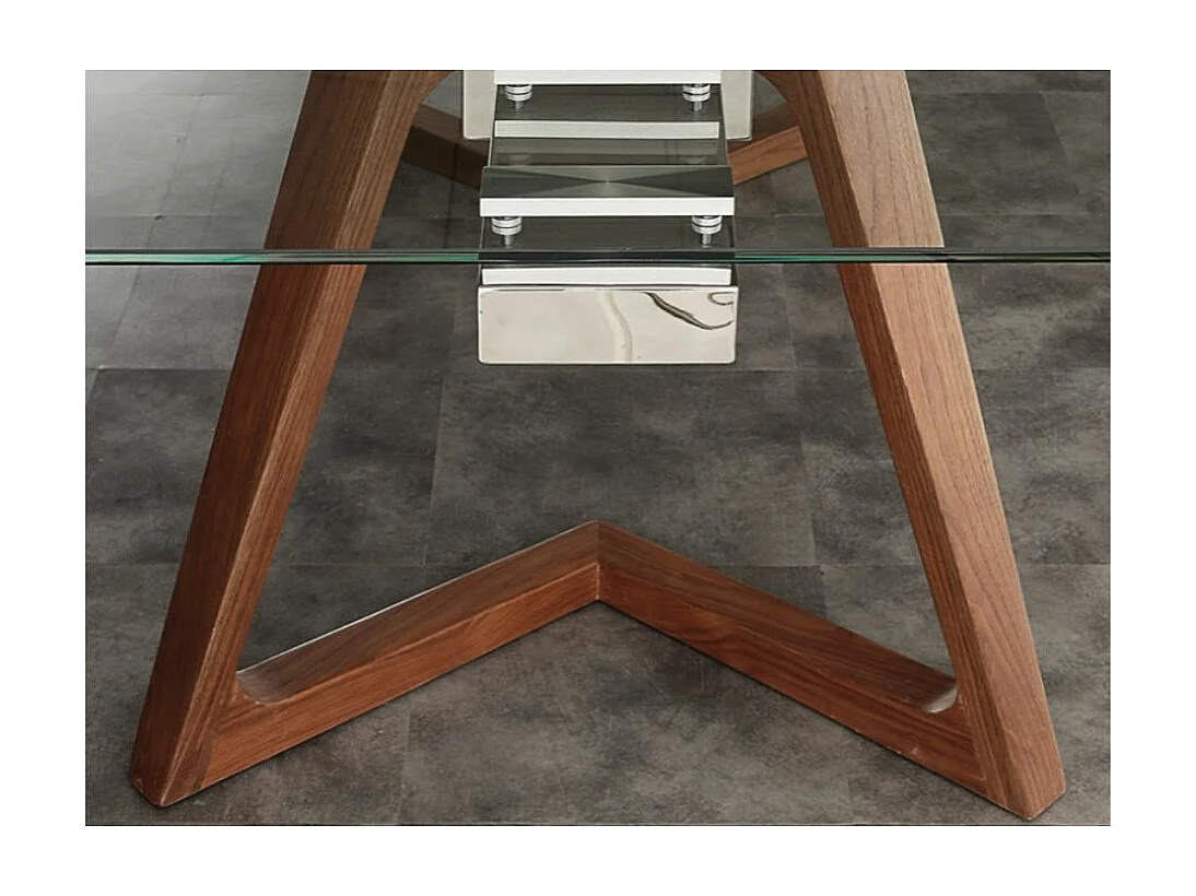 Table de repas extensible plateau en verre et piétement bois massif noyer Kudane-Longueur 160/240 cm