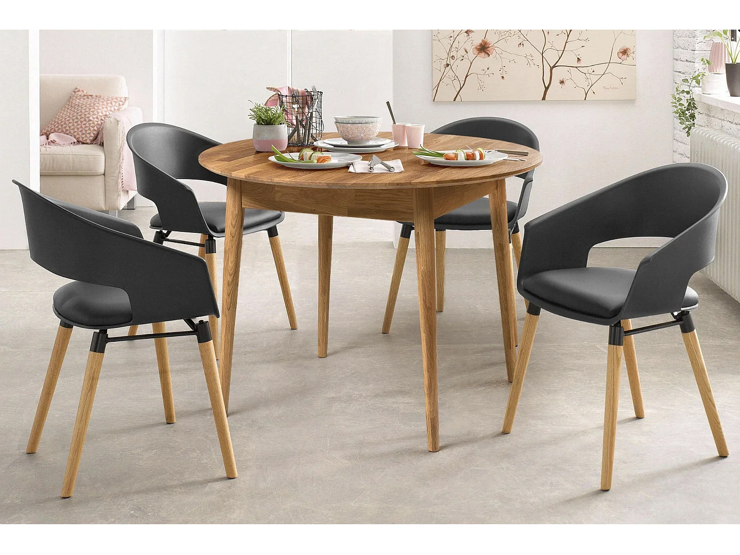 Table à manger ronde extensible 120 à 155cm en bois de chêne massif Kundy