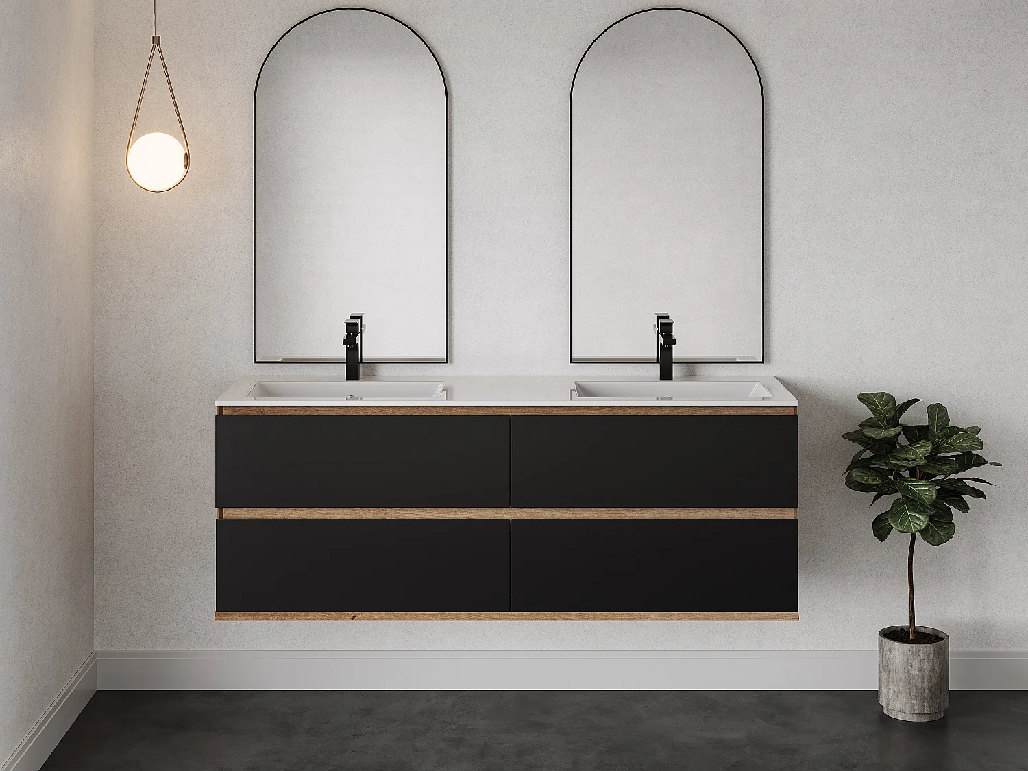 Meuble sous vasque suspendu  - Coloris naturel clair et noir - 150 cm - SABURI