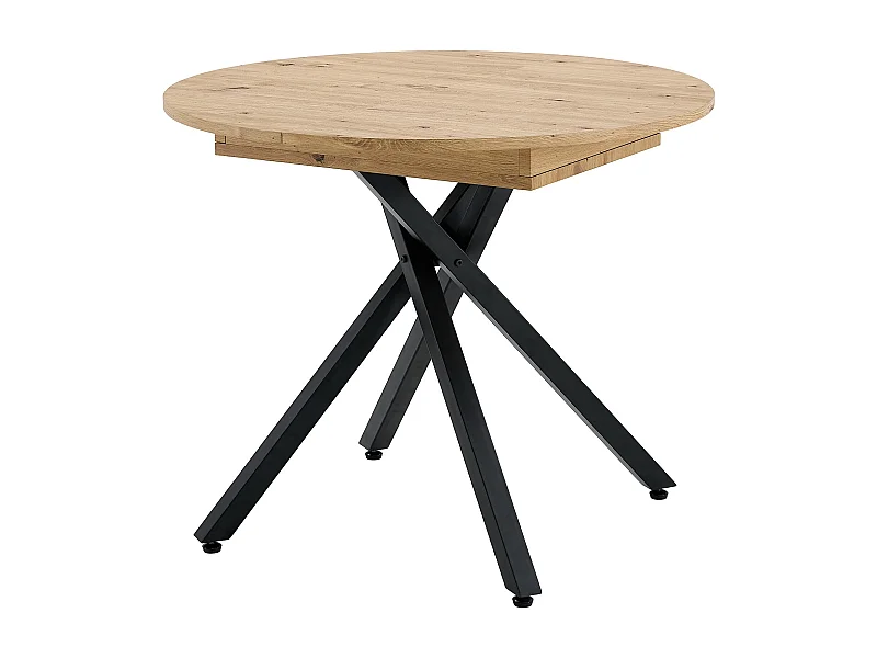 Mesa de comedor redonda extensible Vaker de 90 a 120 cm en madera clara con patas de metal negro