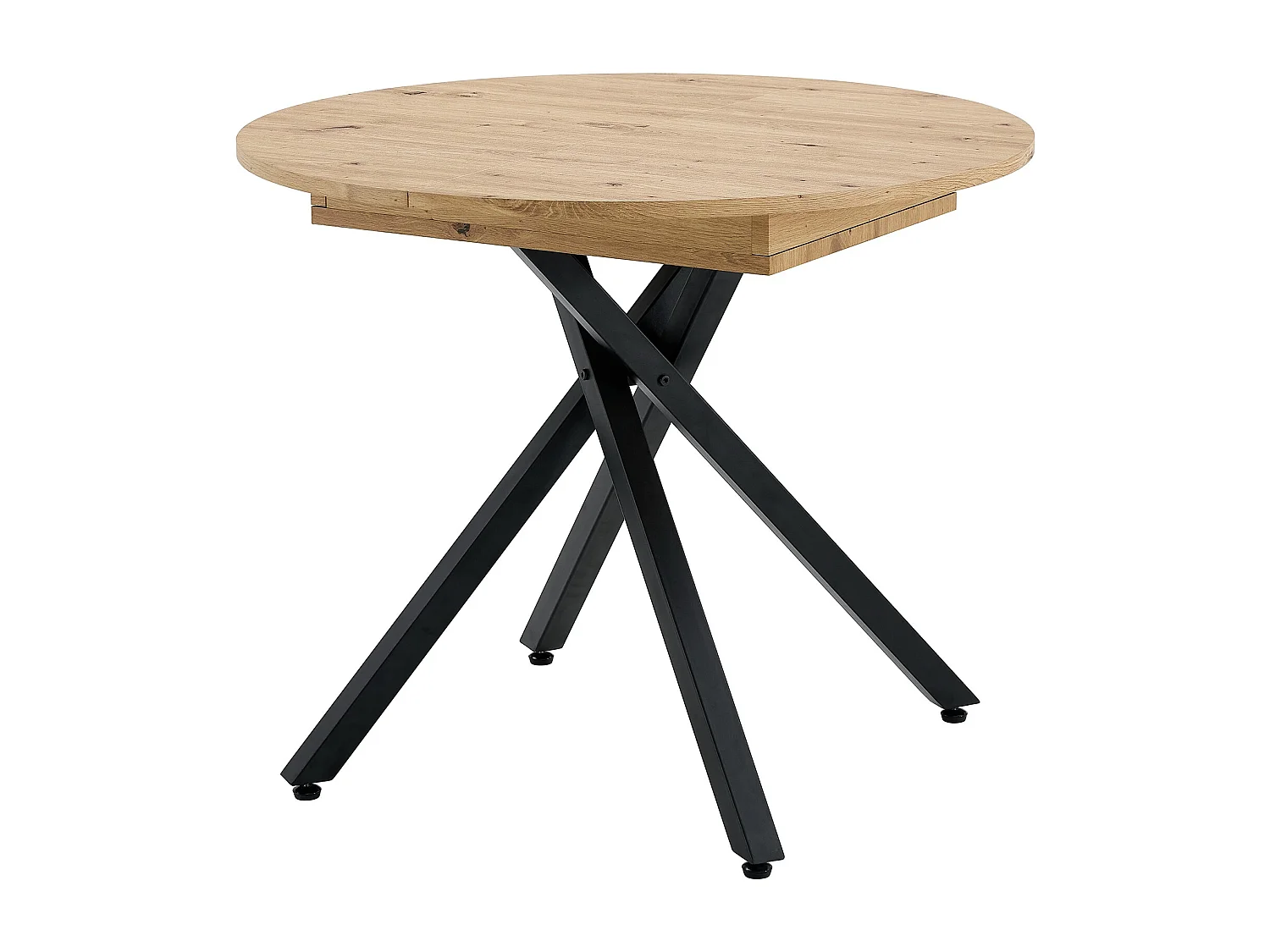 Ronde uitschuifbare eettafel in licht hout en zwart metalen poten Vaker 90 tot 120 cm