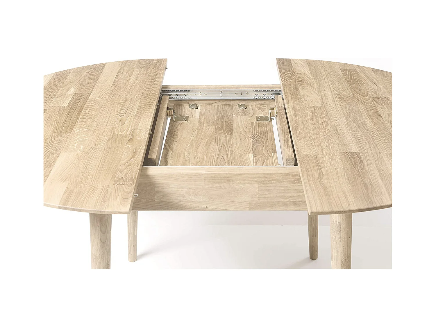 Table à manger ronde extensible 110 à 145cm en chêne massif blanchi Kundy