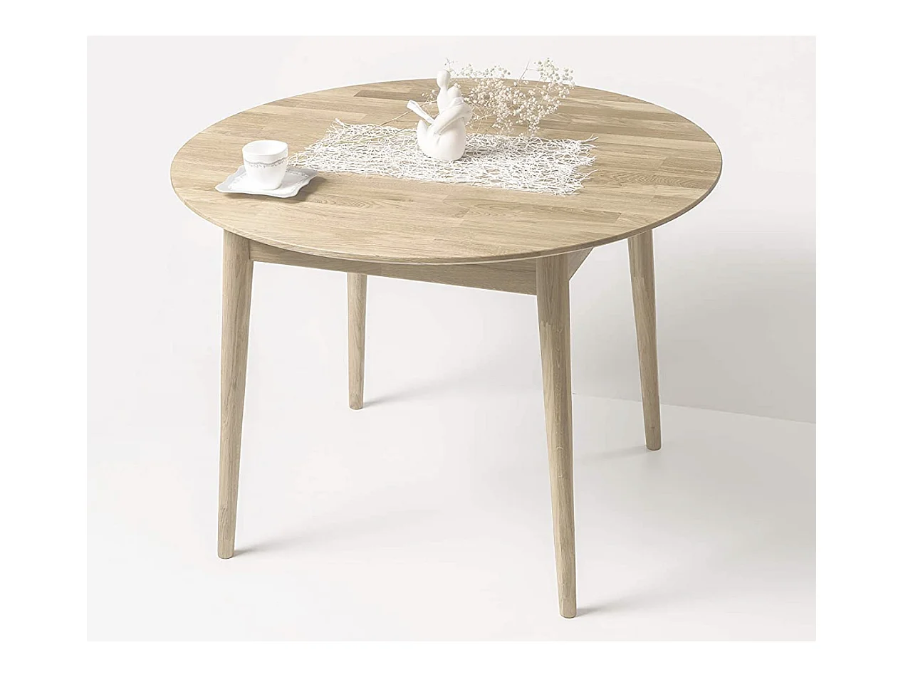 Table à manger ronde extensible 110 à 145cm en chêne massif blanchi Kundy