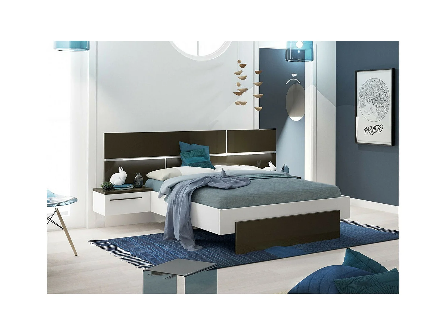 Lit laqué blanc et anthracite avec éclairage à tête de lit à effet graphique Kido 160x200