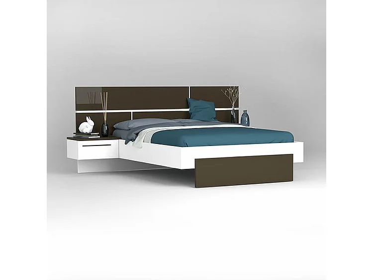 Lit laqué blanc et anthracite avec éclairage à tête de lit à effet graphique Kido 160x200