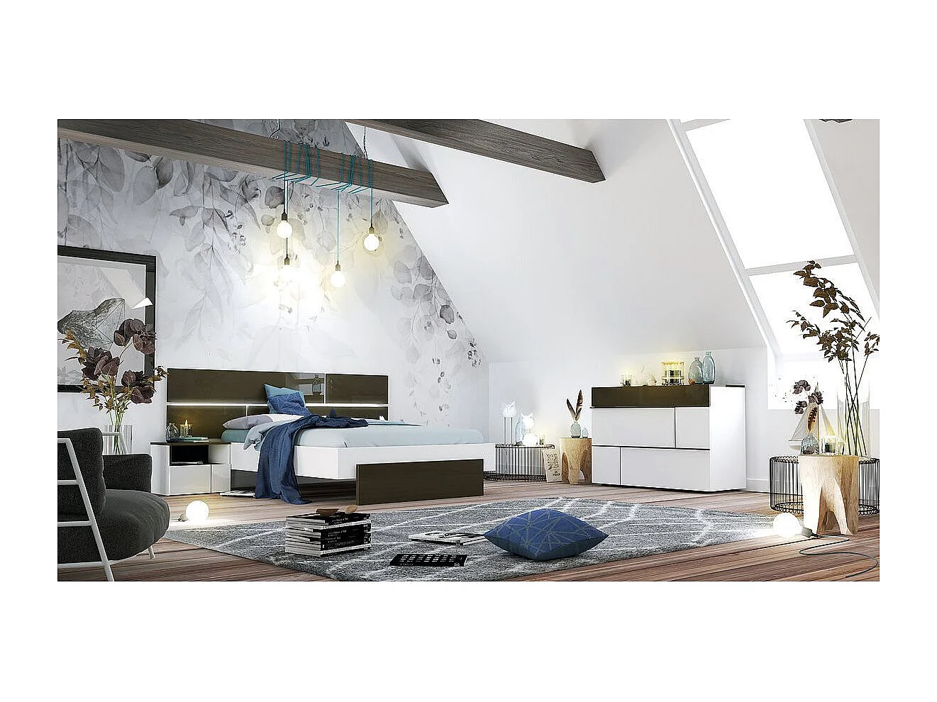 Lit laqué blanc et anthracite avec éclairage à tête de lit à effet graphique Kido 160x200