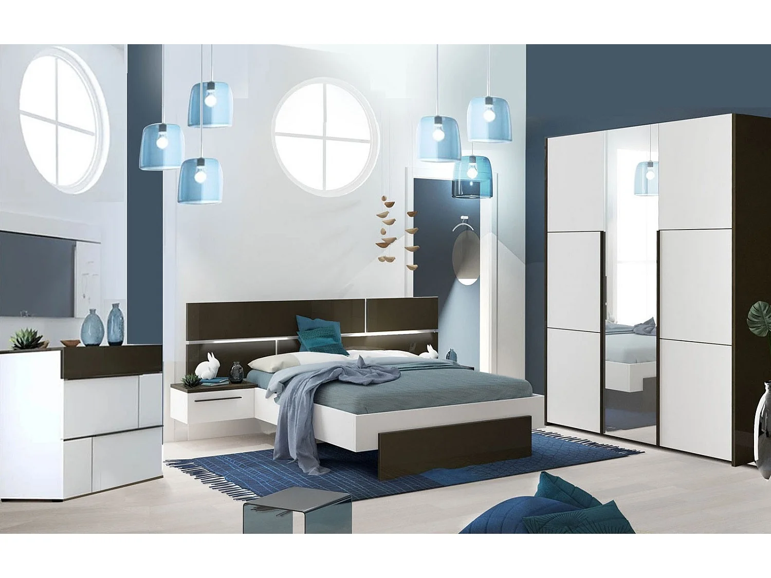 Lit laqué blanc et anthracite avec éclairage à tête de lit à effet graphique Kido 160x200