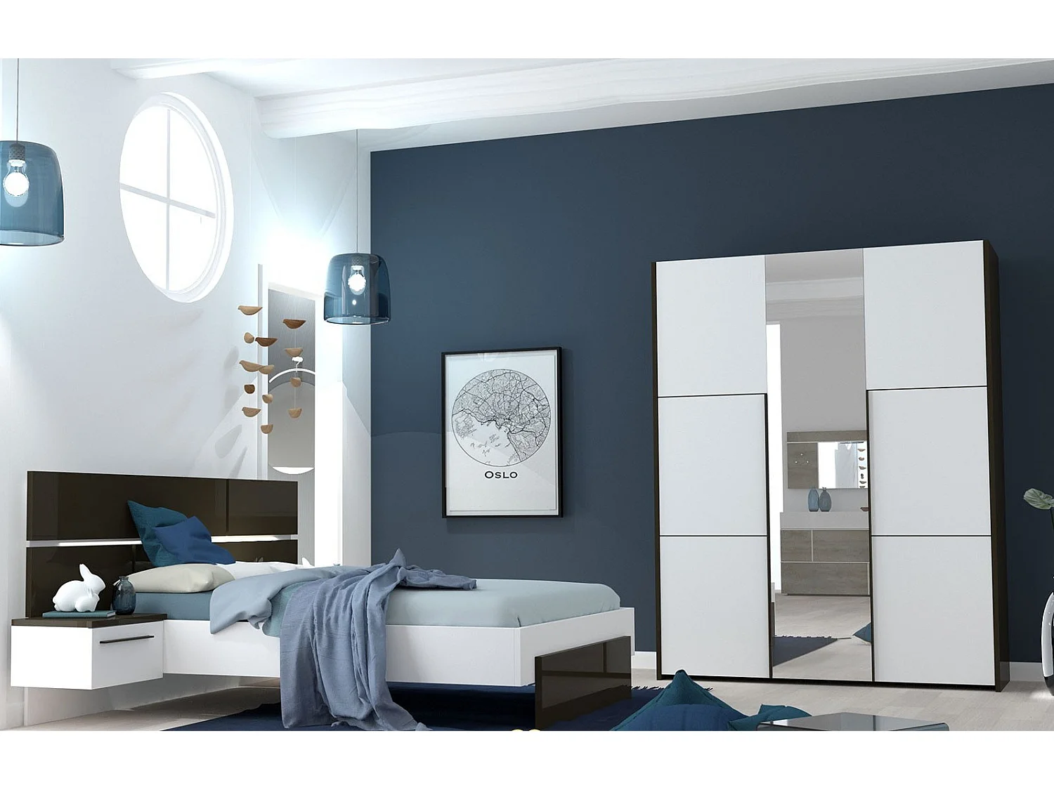 Lit laqué blanc et anthracite avec éclairage à tête de lit à effet graphique Kido 160x200