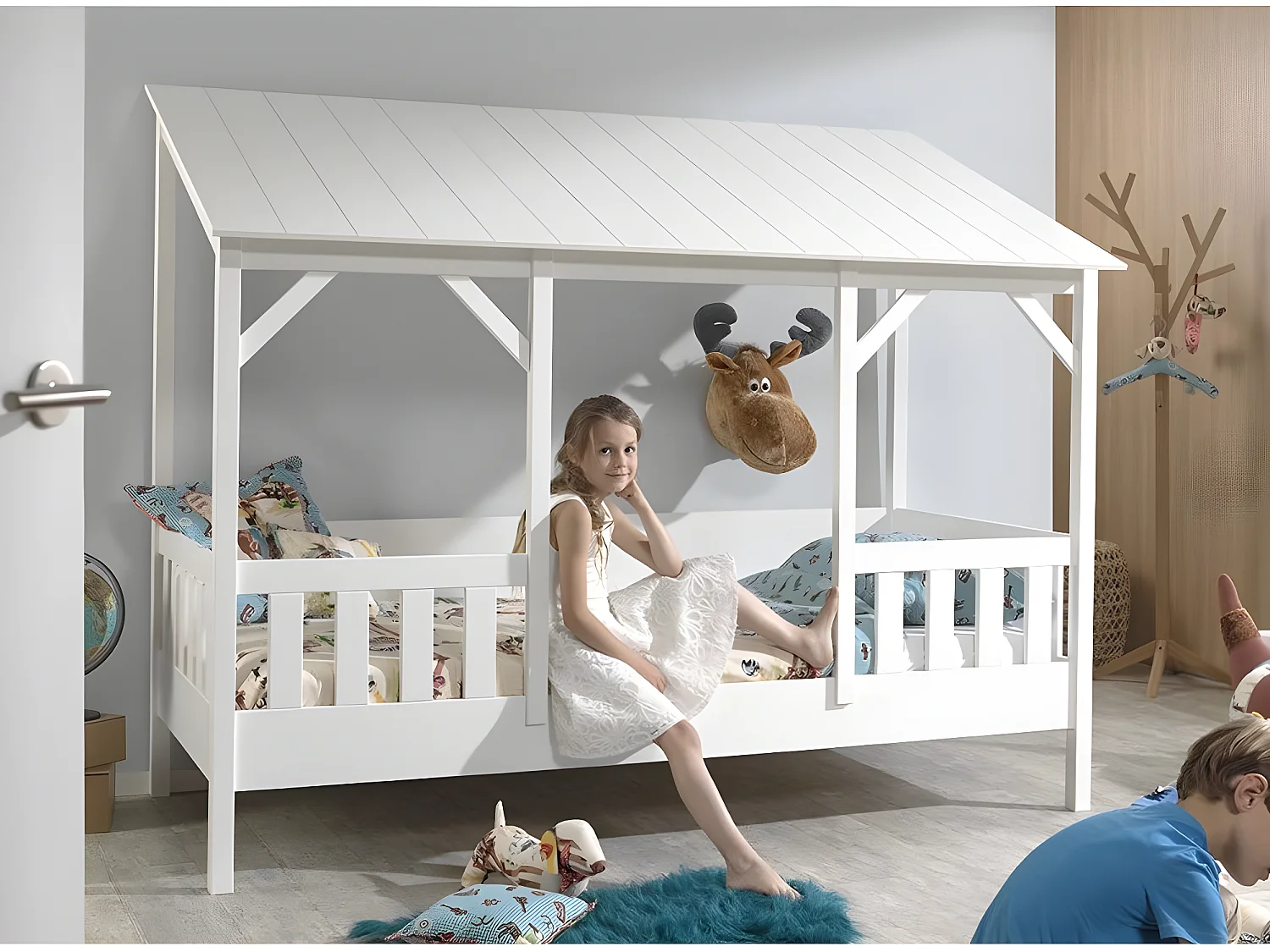Pack - Lit Cabane Enfant, Sommier & Matelas "Housebed III" 90x200cm Blanc
