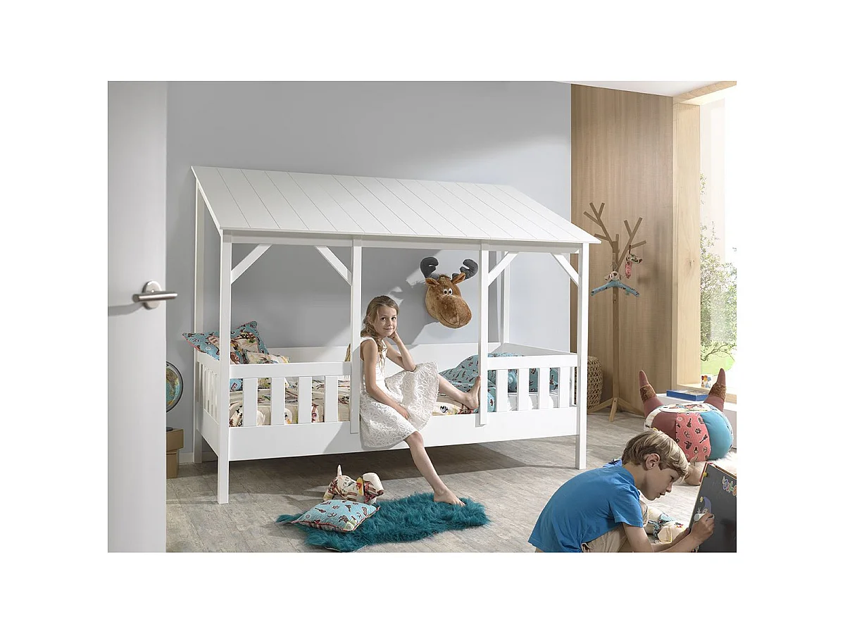 Cama cabina 90x200 cm con colchón y somier de pino macizo, techo blanco Mila