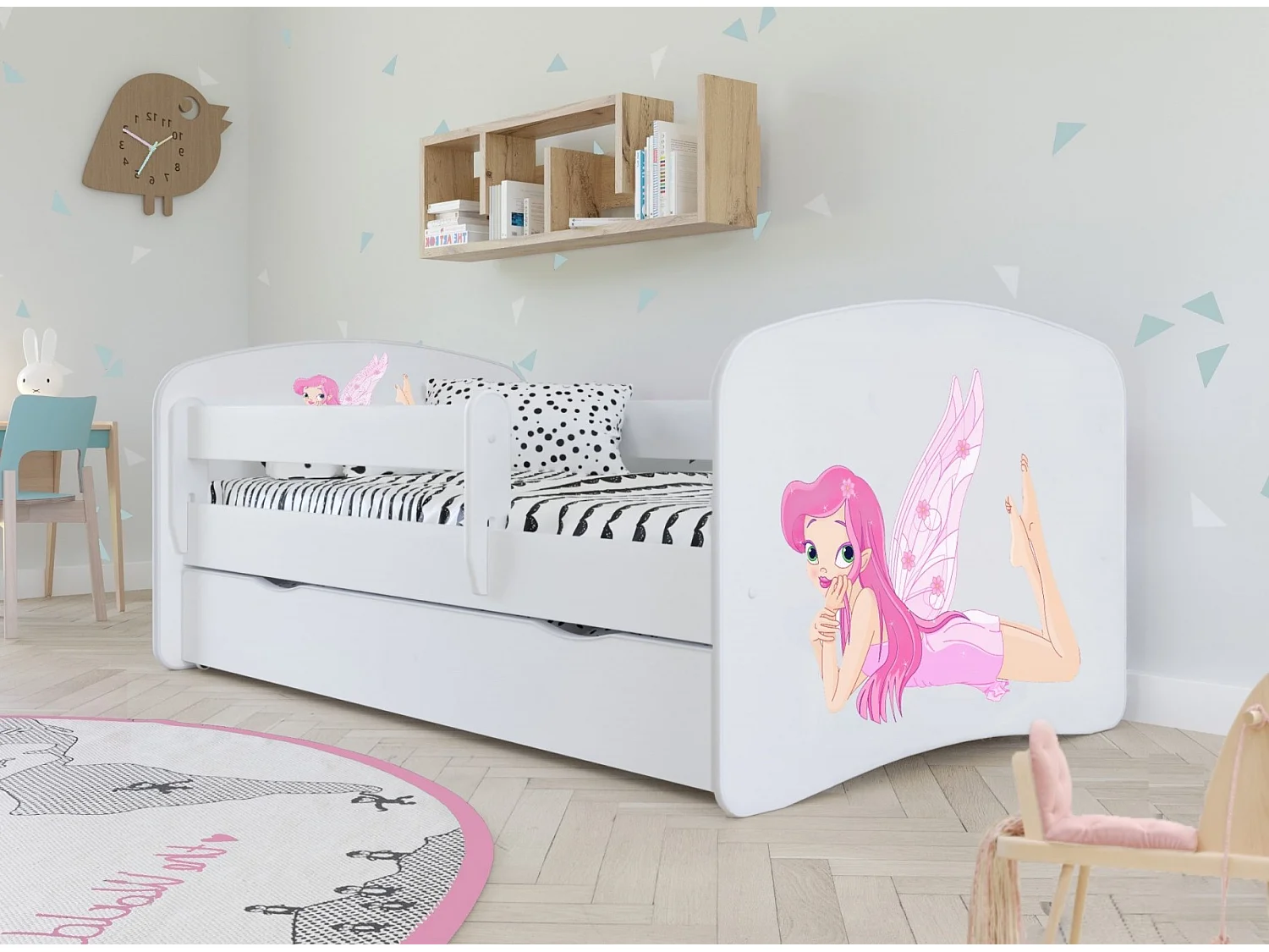 Klein sprookjeswit kinderbedje met boxsprings en afneembaar hekwerk Drimy-Zonder matras-Slapen 70x140cm-Laden Zonder lade