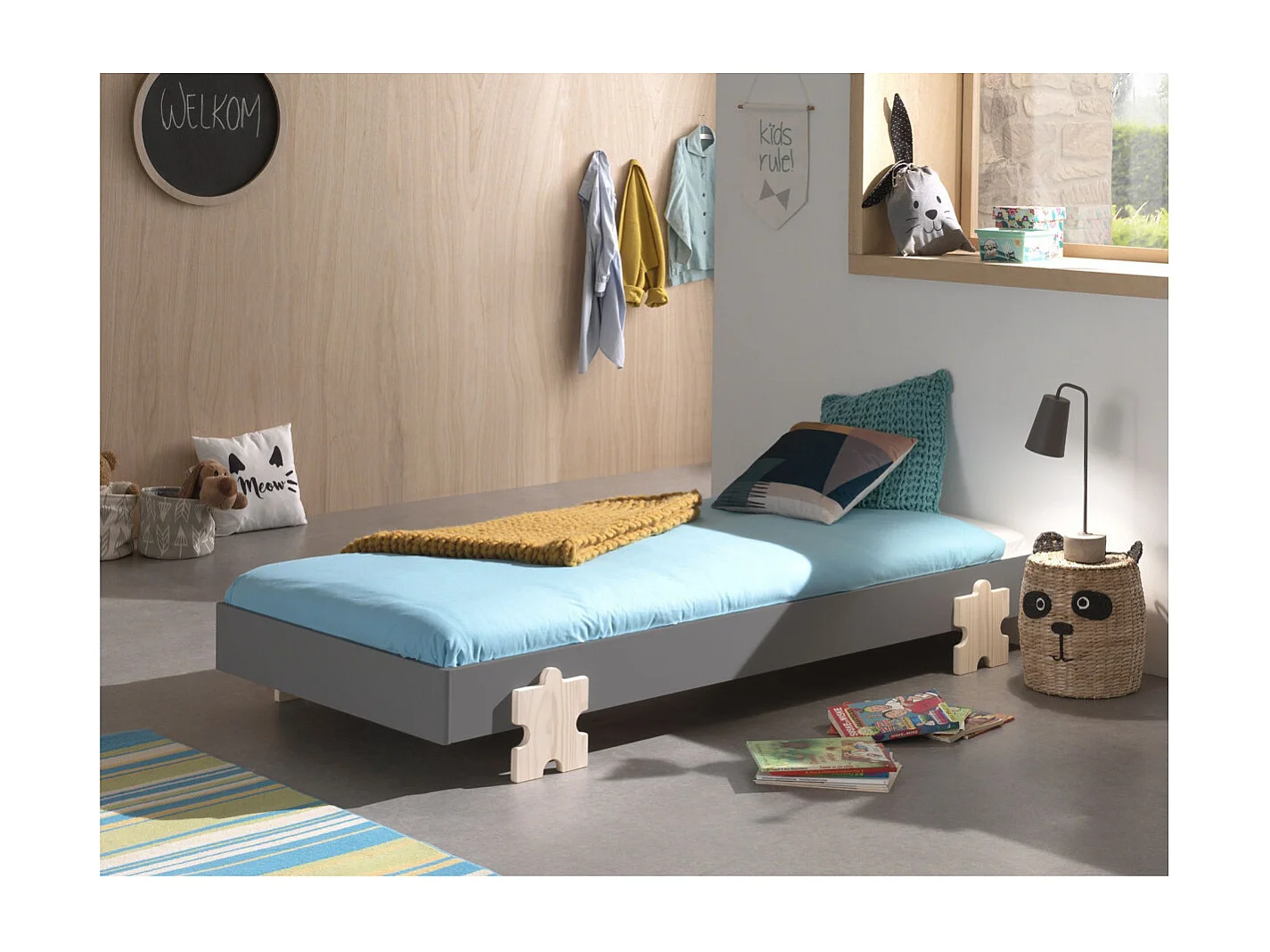 Bed 90x200 cm massief grijs grenen en licht hout Valentino