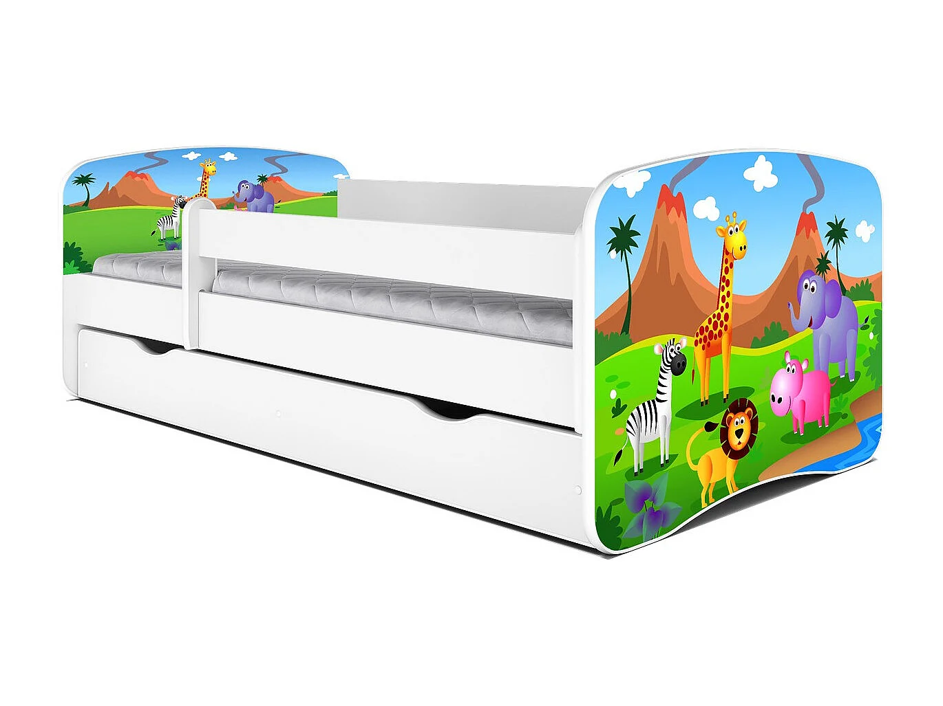 Cama infantil Safari blanca con somieres y barrera de seguridad extraíble Drimy-Ropa de cama 70x140 cm
