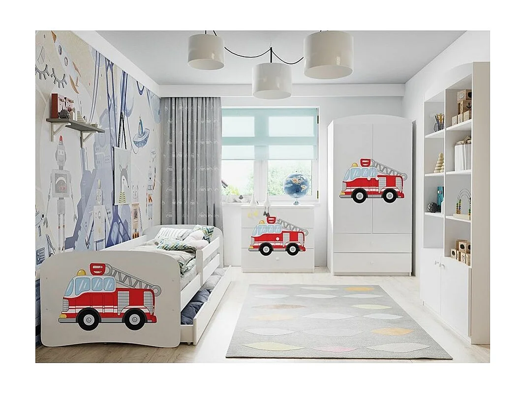 Cama infantil Safari blanca con somieres y barrera de seguridad extraíble Drimy-Ropa de cama 70x140 cm