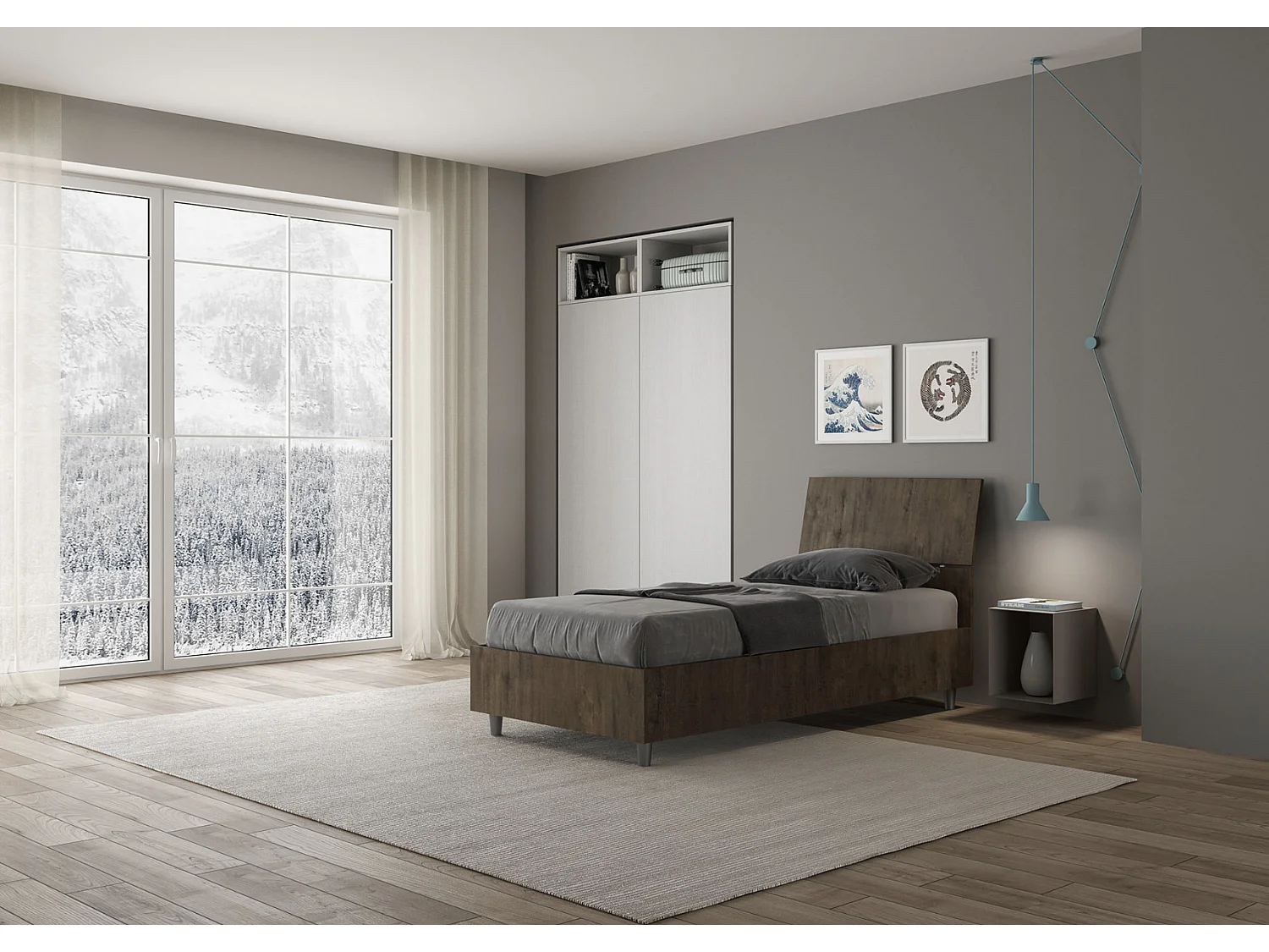 Lit en bois avec tête de lit inclinée Renoma-Couleur Marron Foncé-80x200-Version avec sommier