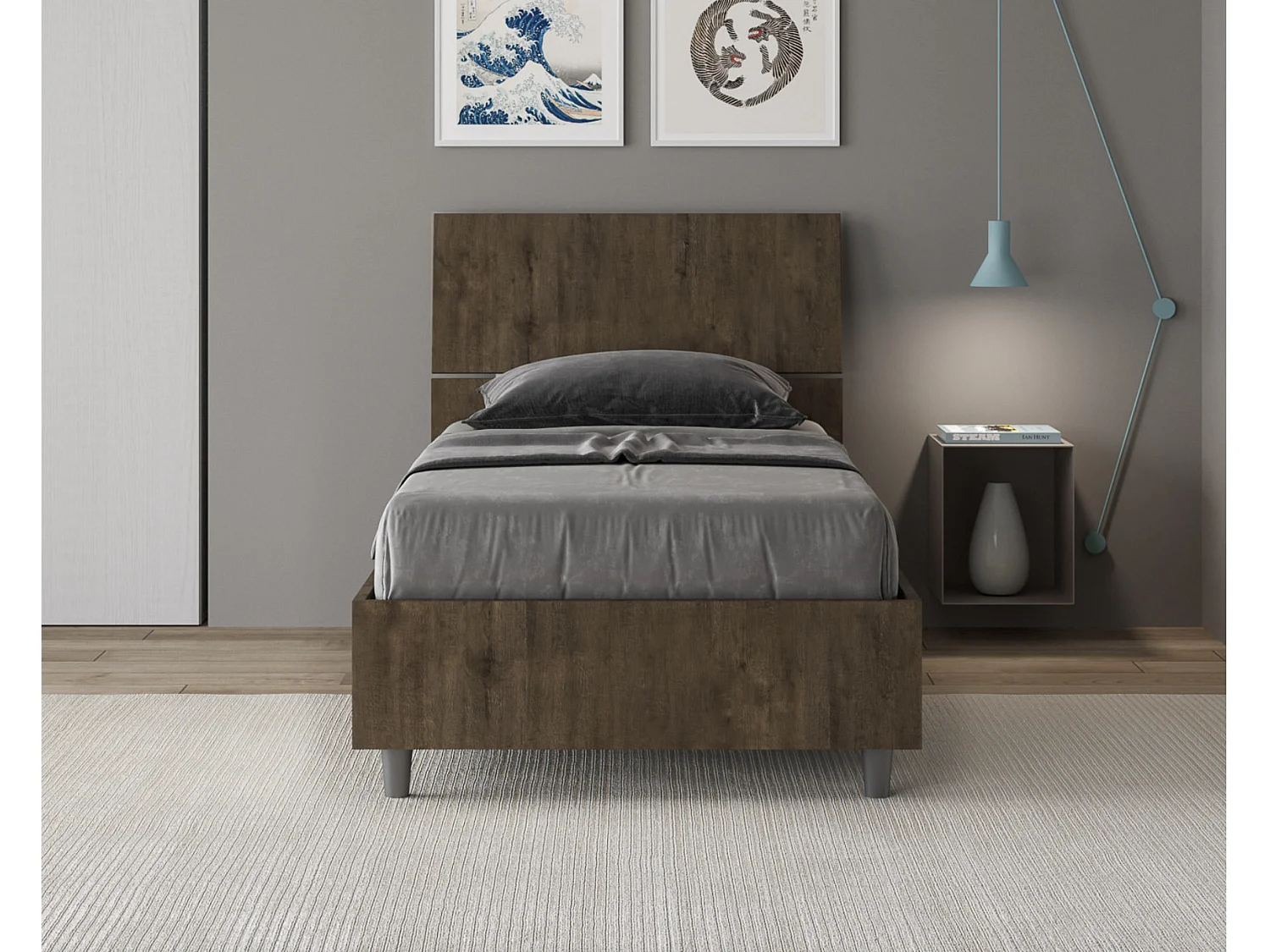 Lit en bois avec tête de lit inclinée Renoma-Couleur Marron Foncé-80x200-Version avec sommier