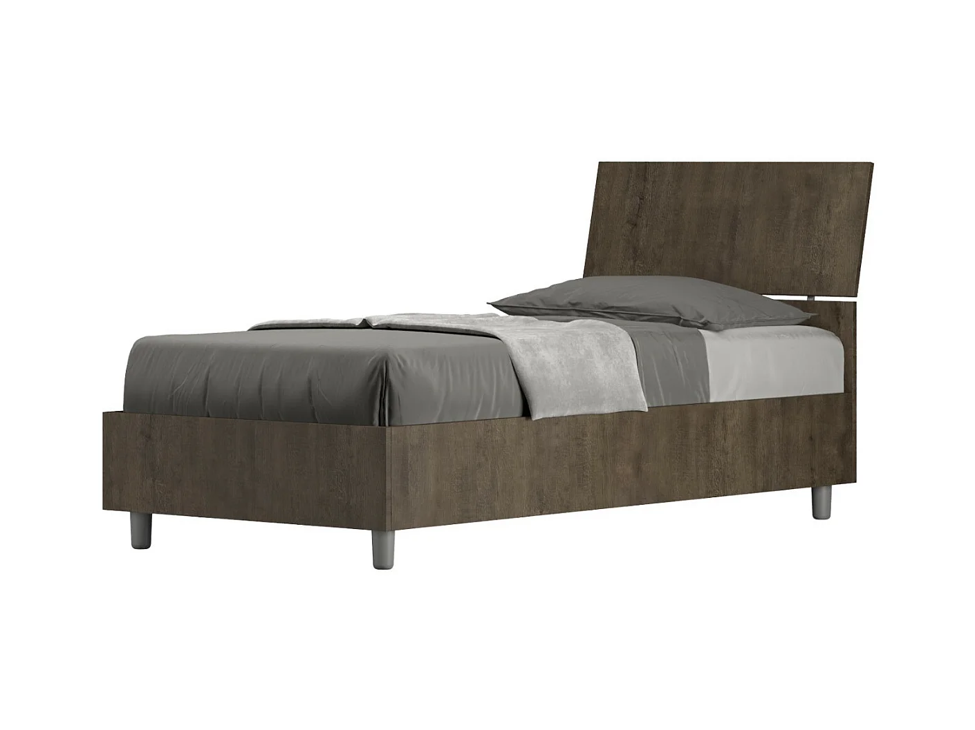 Lit en bois avec tête de lit inclinée Renoma-Couleur Marron Foncé-80x200-Version coffre de rangement