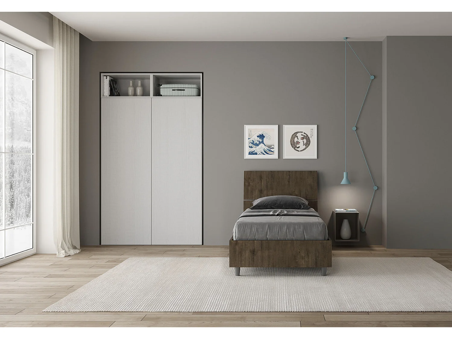 Lit en bois avec tête de lit inclinée Renoma-Couleur Marron Foncé-80x200