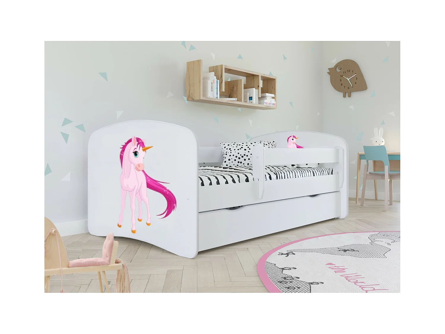 Cama infantil Unicornio con somieres y barrera de seguridad extraíble Drimy-Colchones de espuma-Ropa de cama 70x140 cm-Cajones Con cajón