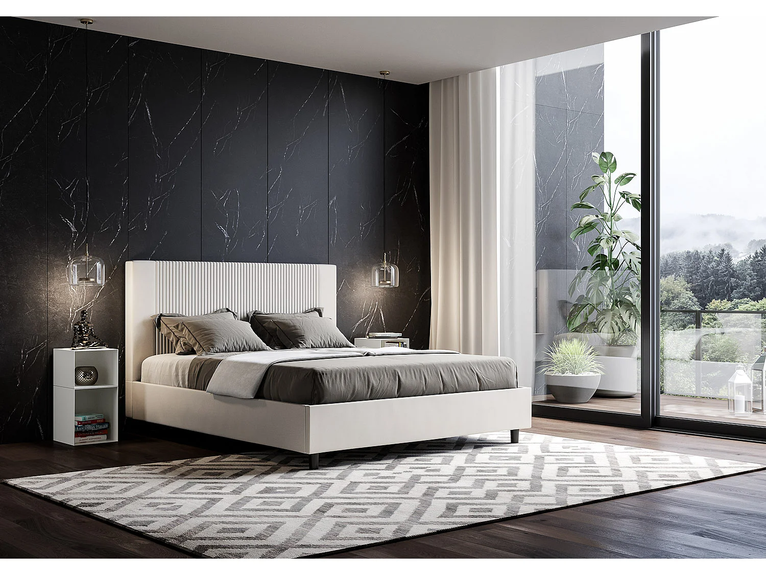 Modern bed met verticaal gestreept hoofdeinde, doorgestikt met kunstleer Bazen-Kleur Wit-Slapen 160x200cm-Keuze Met kofferbak