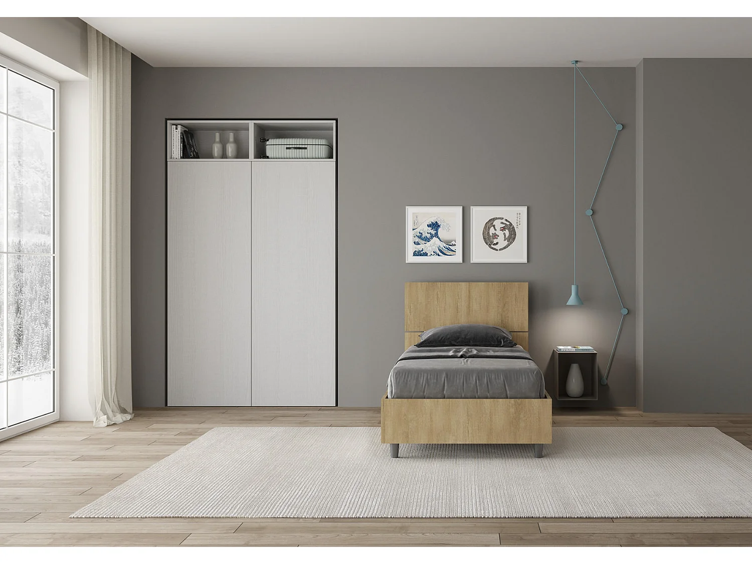 Renoma houten bed met schuin hoofdbord-Kleur Lichtbruin-Slapen 80x200cm-Versie met boxspring