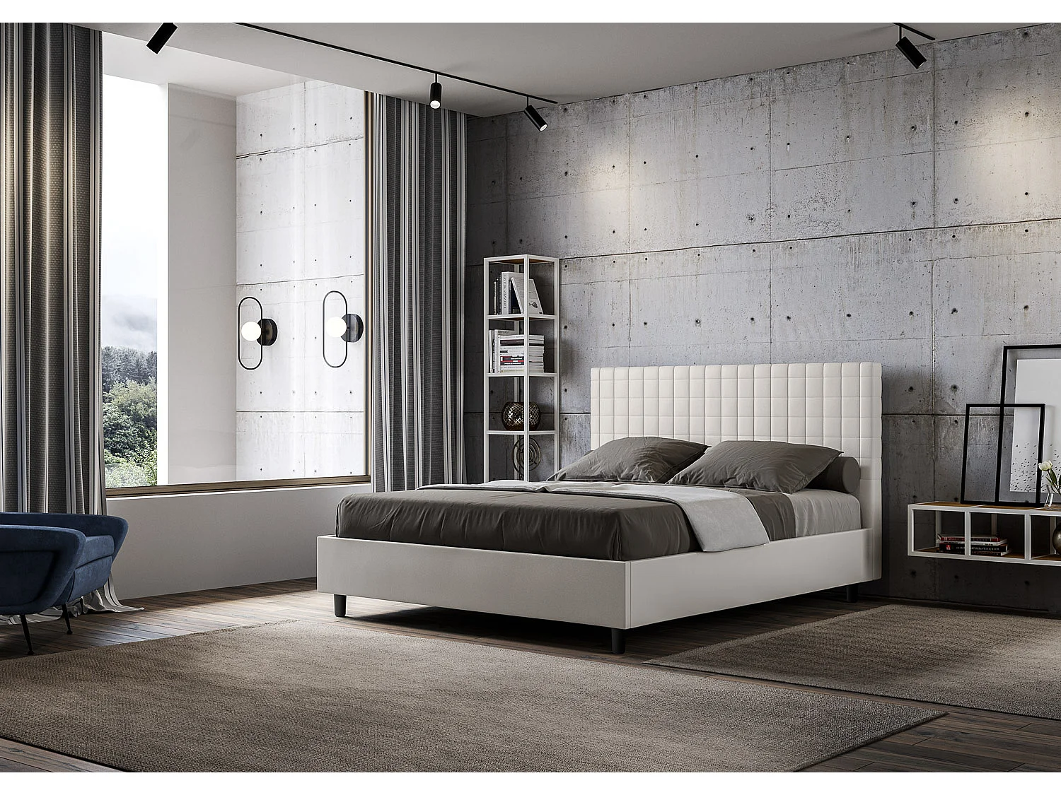 Lit matelassé à carreaux simili cuir Kunda-Couleur Blanc-160x200-Option Avec sommier