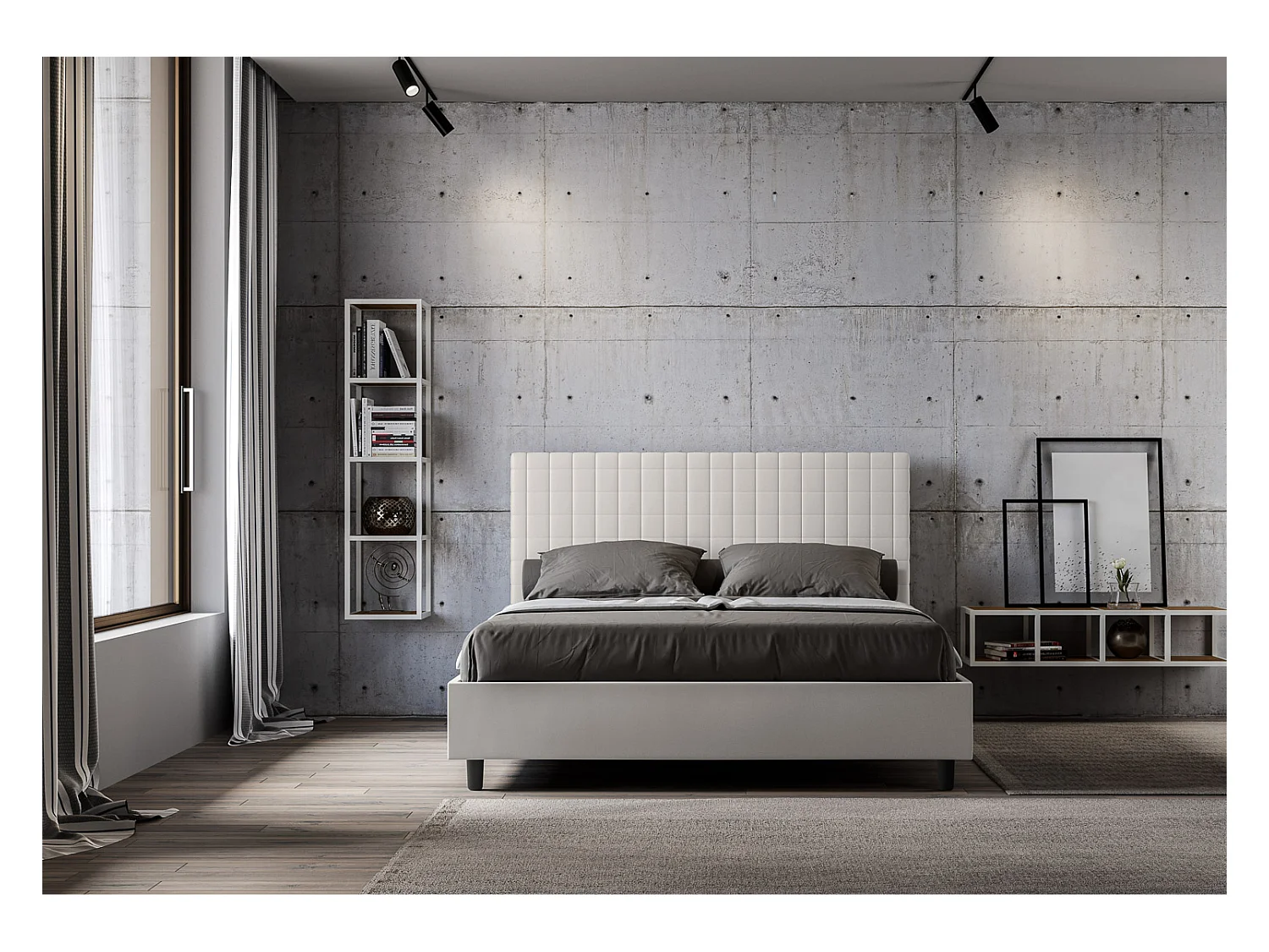Lit matelassé à carreaux simili cuir Kunda-Couleur Blanc-160x200-Option Avec sommier